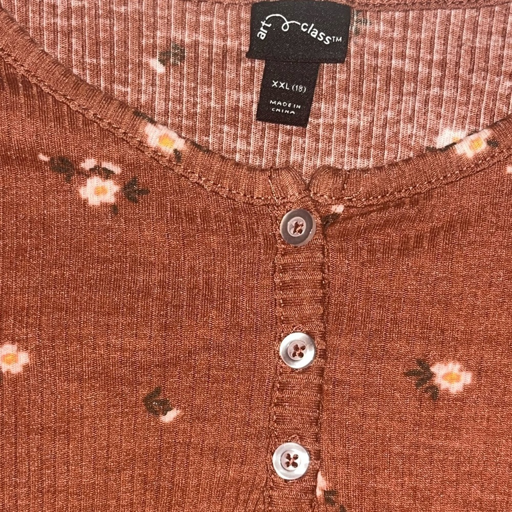Orange and floral Girls Short Sleeve Henley T-Shirt by art class - Picture 3 of 5